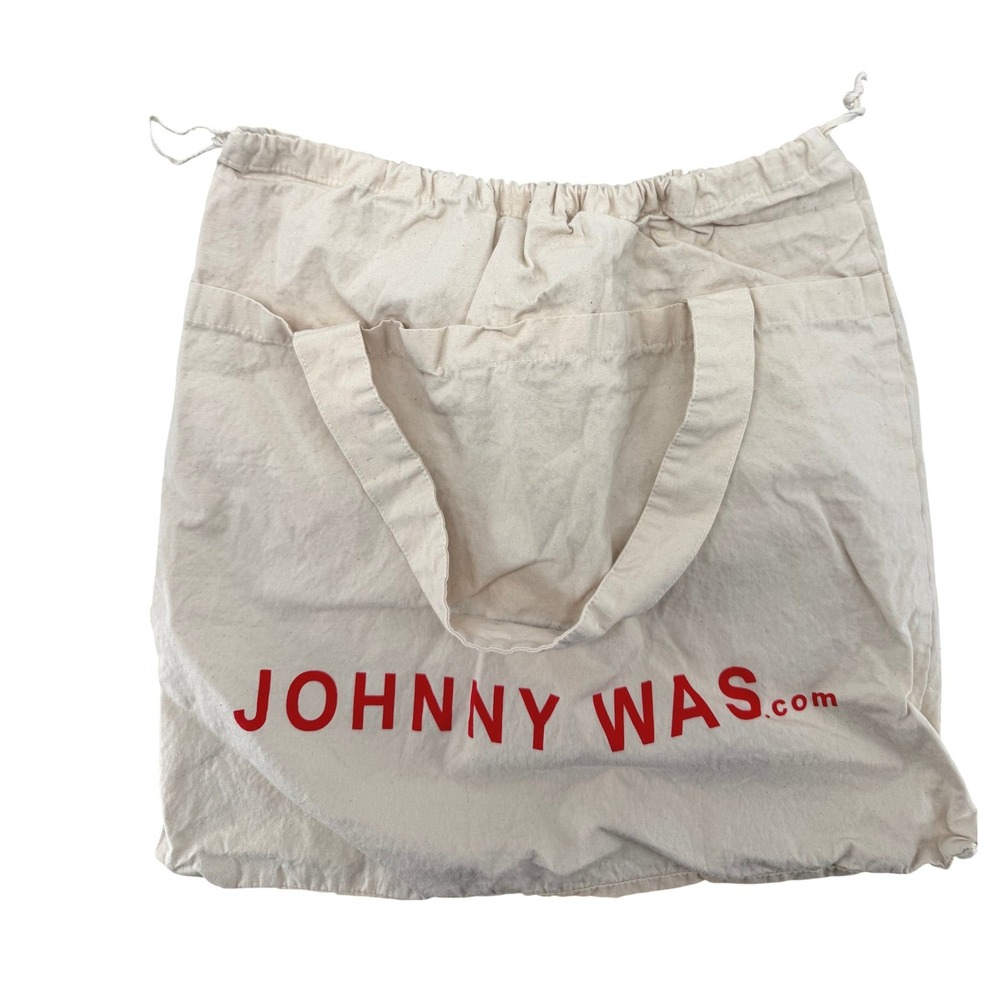 Johnny Was Cream Cotton Canvas Drawstring Dust Bag Storage Tote with Strap Logo